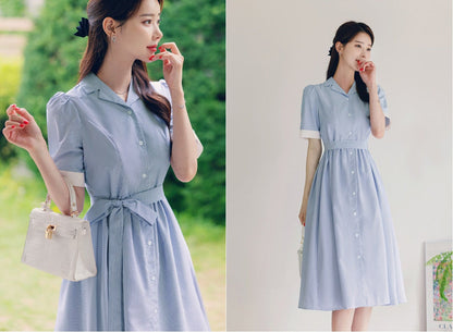 Elegant Classic Feminin Short Sleeve Striped Shirtdress with Strap Belt / Korean Style Button Long Dress / Summer Midi Dress