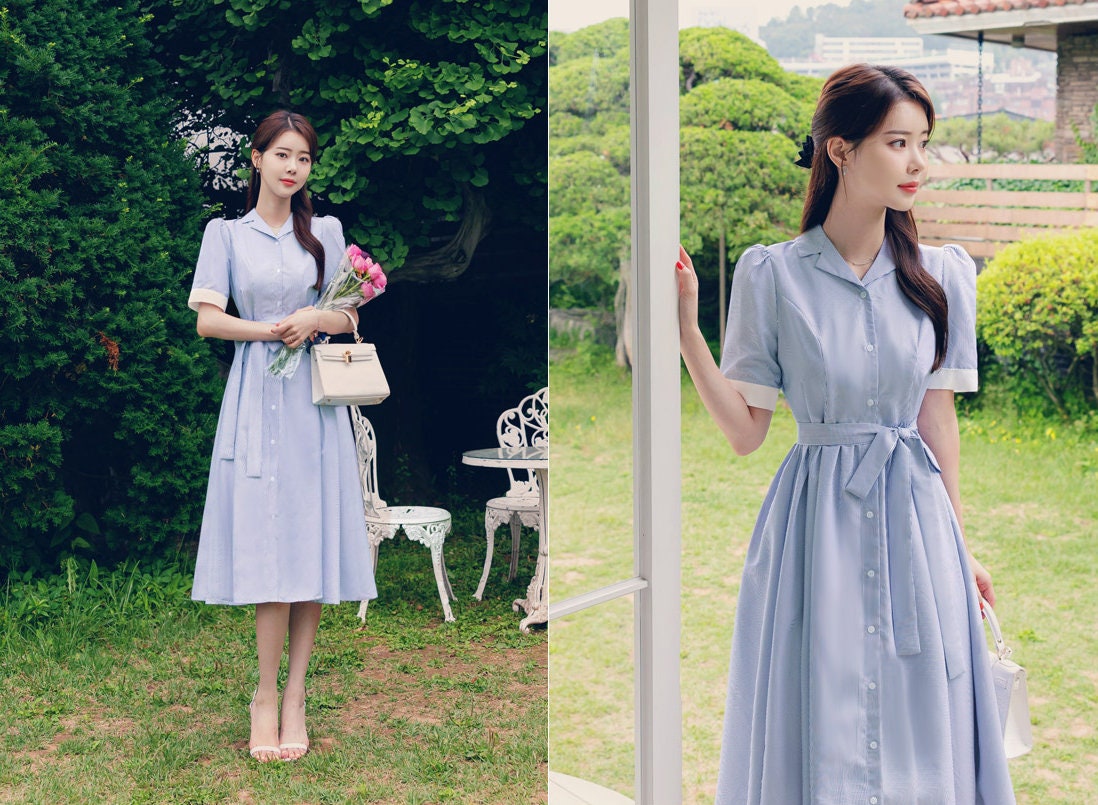 Elegant Classic Feminin Short Sleeve Striped Shirtdress with Strap Belt / Korean Style Button Long Dress / Summer Midi Dress