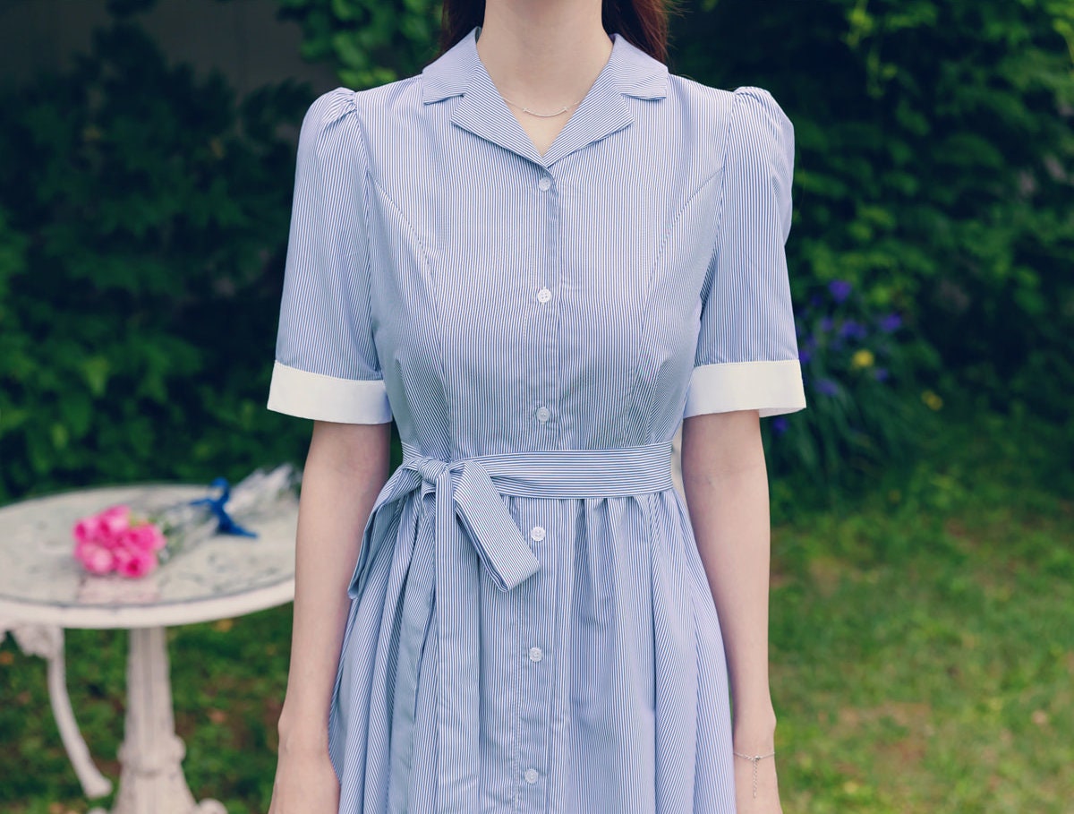 Elegant Classic Feminin Short Sleeve Striped Shirtdress with Strap Belt / Korean Style Button Long Dress / Summer Midi Dress