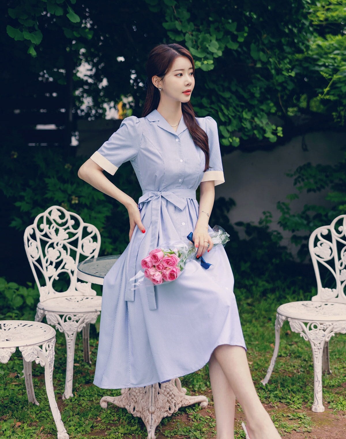 Elegant Classic Feminin Short Sleeve Striped Shirtdress with Strap Belt / Korean Style Button Long Dress / Summer Midi Dress