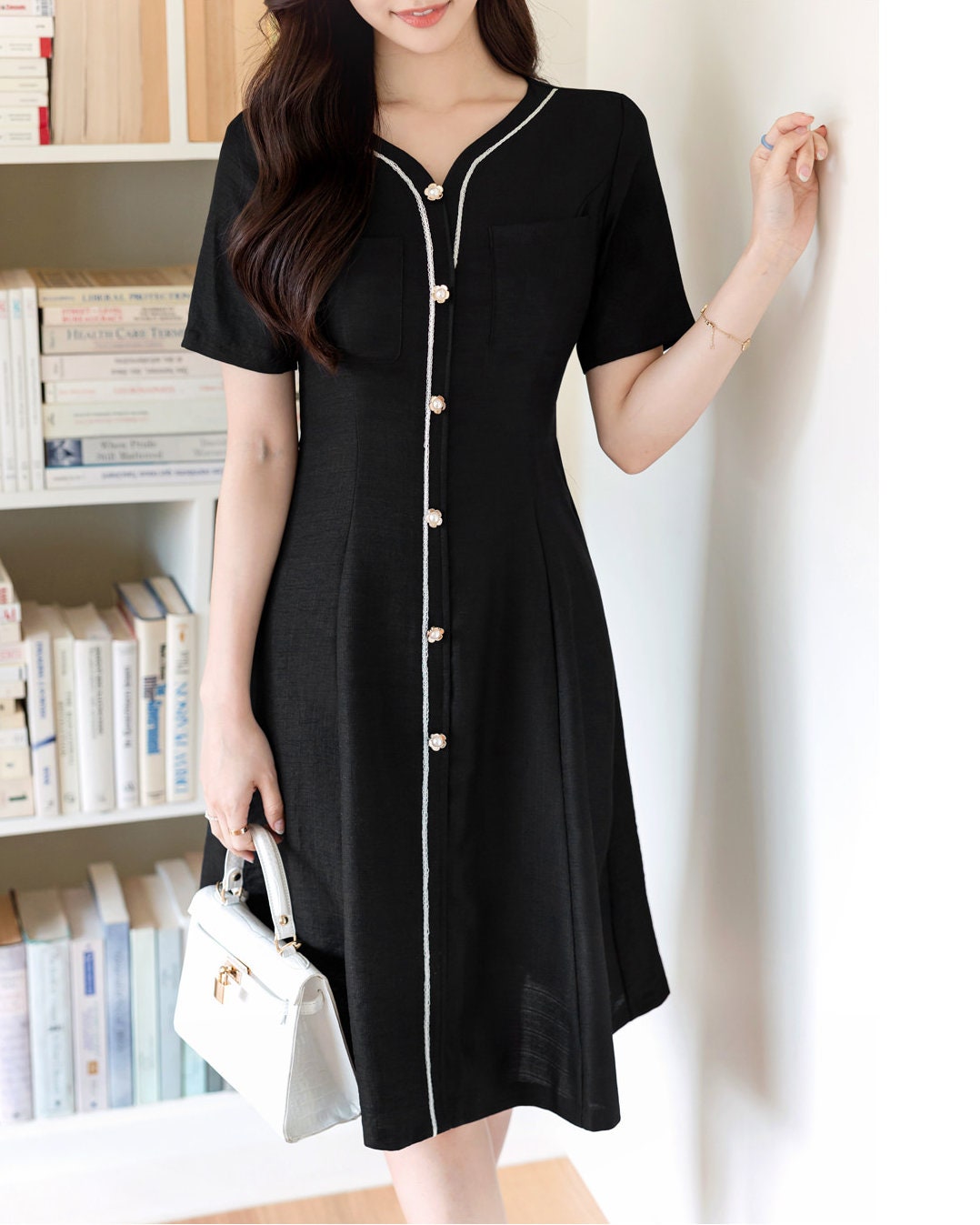 Elegant Feminine Black Summer Tweed Dress / Korean Style Black Mini Dress / Luxury wear Elegant Dress for Spring to Fall