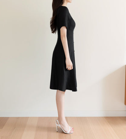 Elegant Feminine Black Summer Tweed Dress / Korean Style Black Mini Dress / Luxury wear Elegant Dress for Spring to Fall