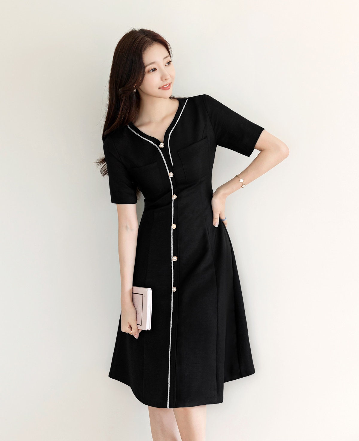 Elegant Feminine Black Summer Tweed Dress / Korean Style Black Mini Dress / Luxury wear Elegant Dress for Spring to Fall