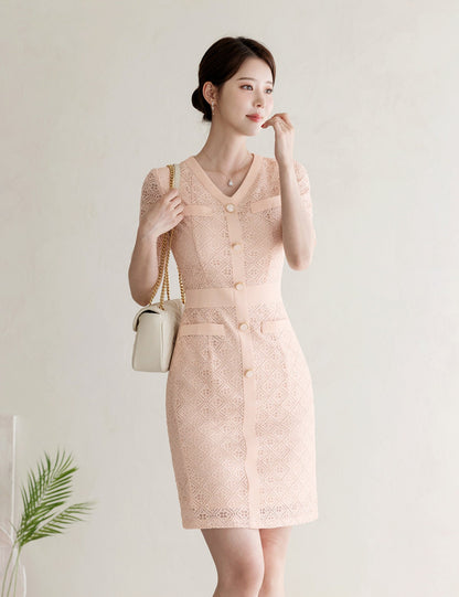 Elegant Feminin V Neck Short Sleeve Spring Summer Slim Fit Lace Dress / Korean Style Lace Mini Dress / Luxury wear Elegant Dress