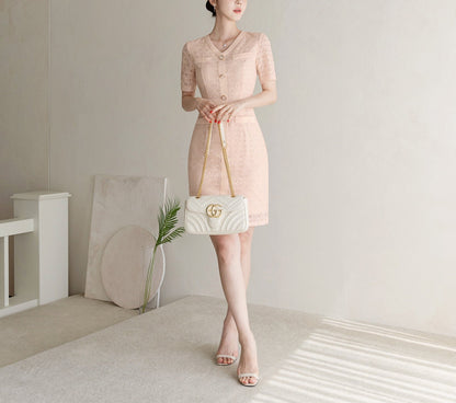 Elegant Feminin V Neck Short Sleeve Spring Summer Slim Fit Lace Dress / Korean Style Lace Mini Dress / Luxury wear Elegant Dress