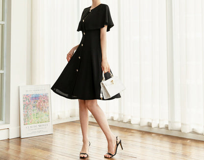 Summer Cape Flare Dress / Korean Style Black Mini Dress / Clasic Simple Sleeveless with Cape Dress for Women