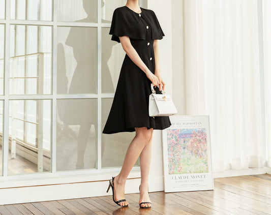 Summer Cape Flare Dress / Korean Style Black Mini Dress / Clasic Simple Sleeveless with Cape Dress for Women