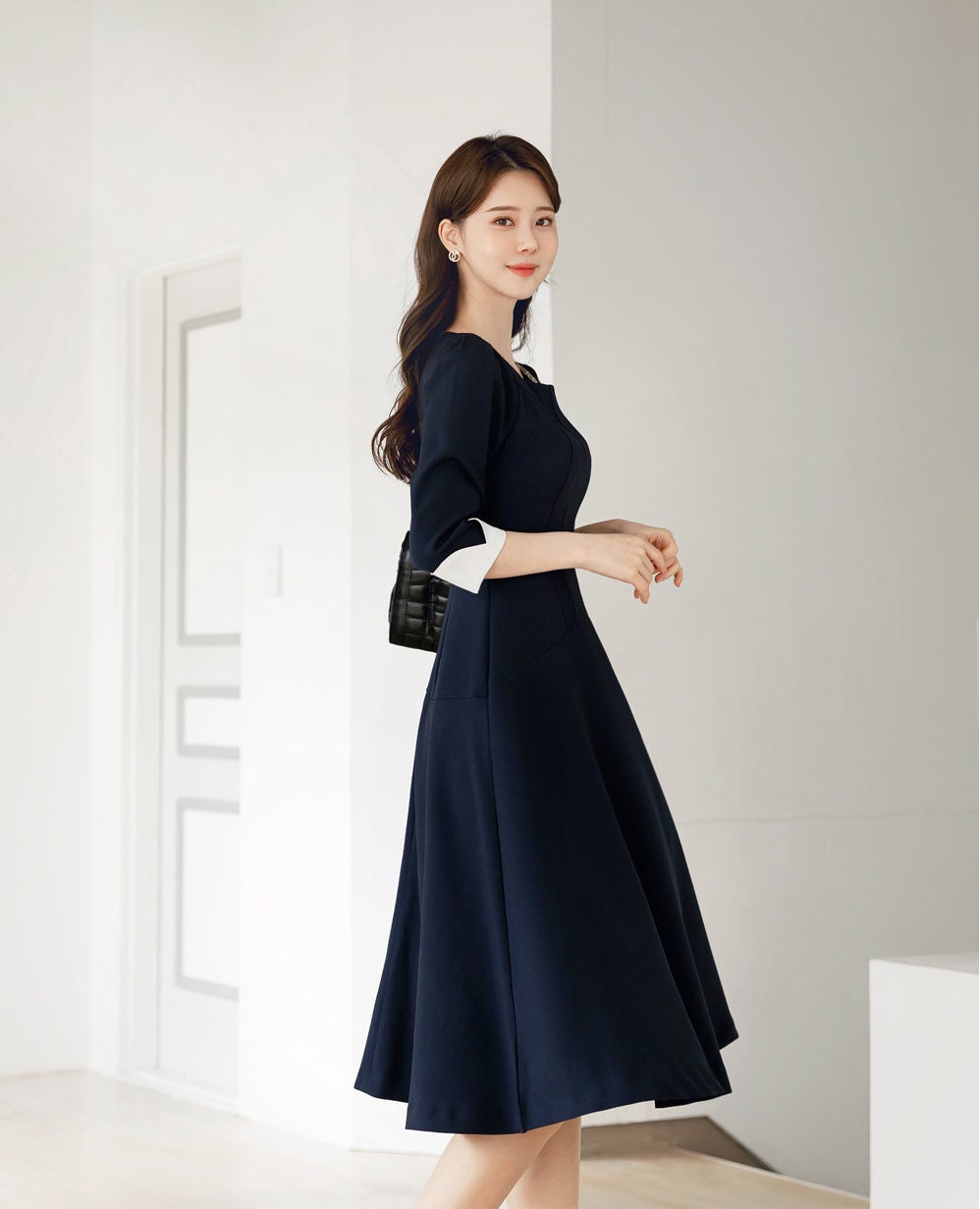 Classic Simple Flare Midi Dress / Korean Style Women Midi Dress / Elegant Feminin Dress for Spring Fall