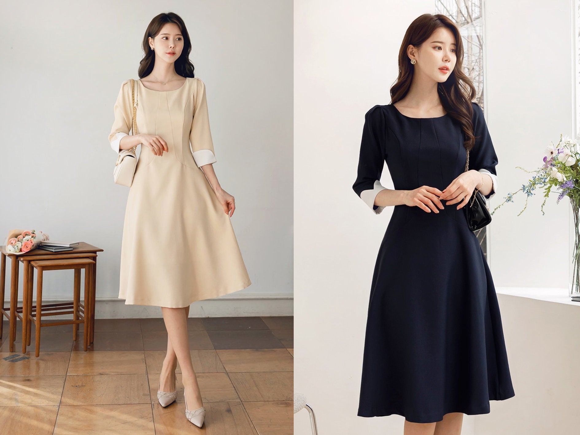 Classic Simple Flare Midi Dress / Korean Style Women Midi Dress / Elegant Feminin Dress for Spring Fall