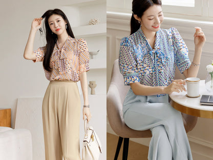 Modern Chic Pattern Tie Blouse for Summer / Korean Style Tie Neck Chiffon Blouse Top / Office Look Top / Everyday Soft Blouse