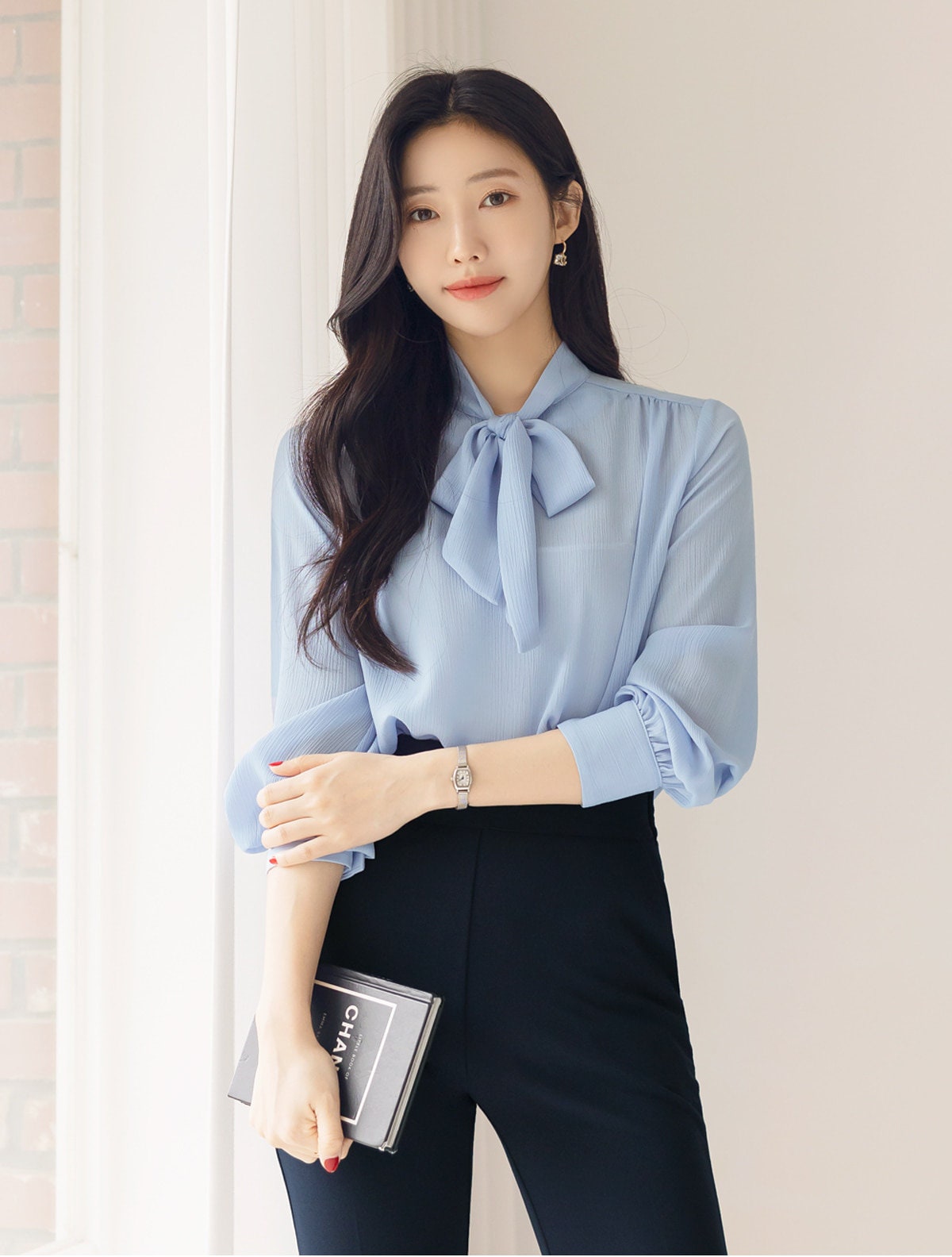 Soft Blouse Top with Tie / Korean Style Tie Neck Blouse Top / Office Look Top / Everyday Long Sleeve Blouse