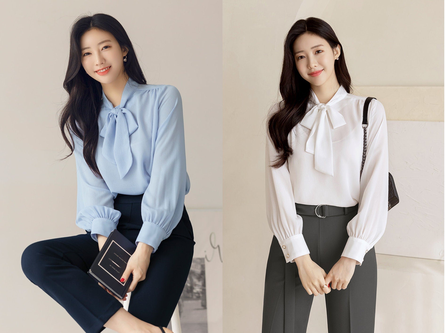 Soft Blouse Top with Tie / Korean Style Tie Neck Blouse Top / Office Look Top / Everyday Long Sleeve Blouse