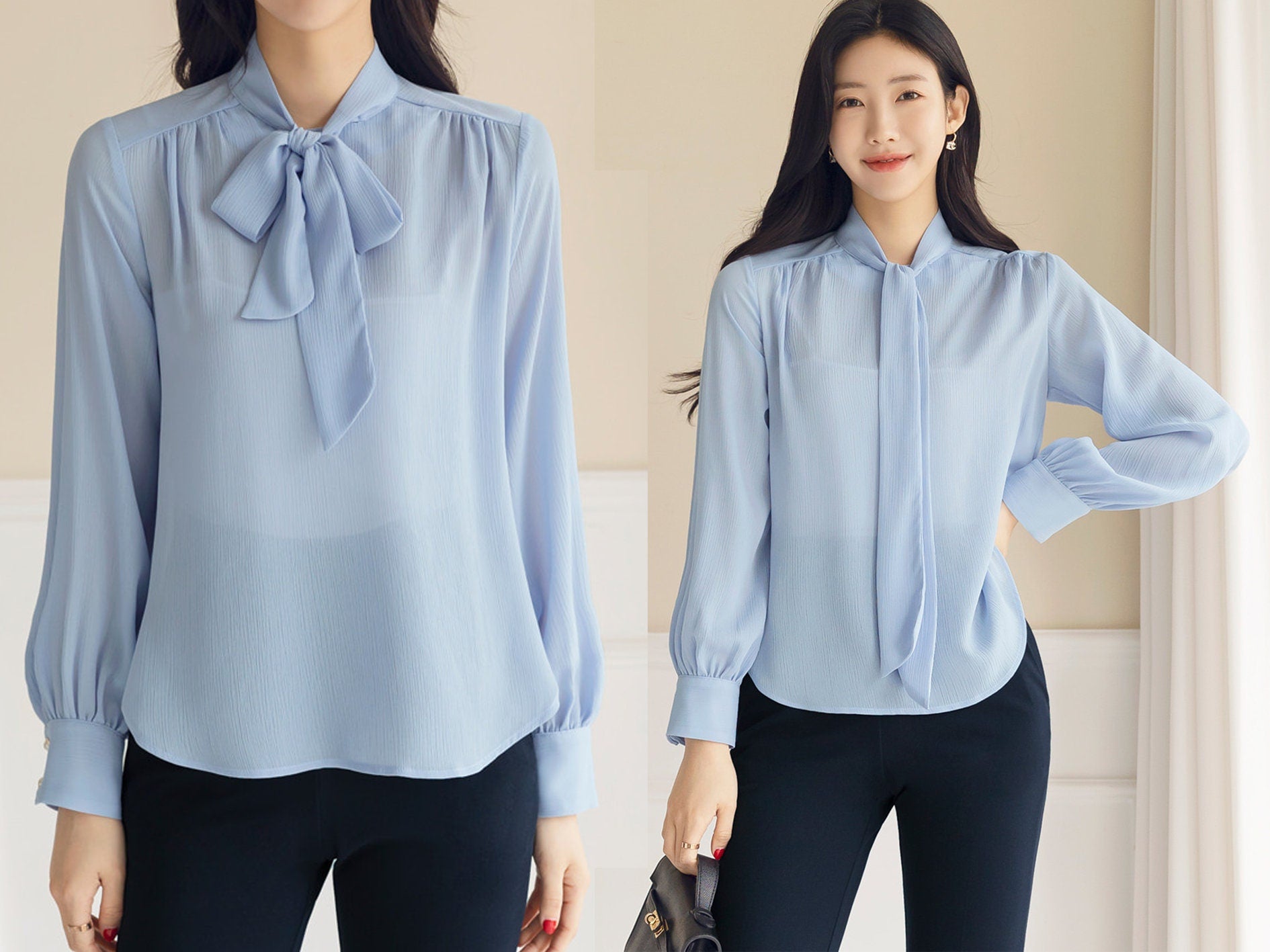 Soft Blouse Top with Tie / Korean Style Tie Neck Blouse Top / Office Look Top / Everyday Long Sleeve Blouse