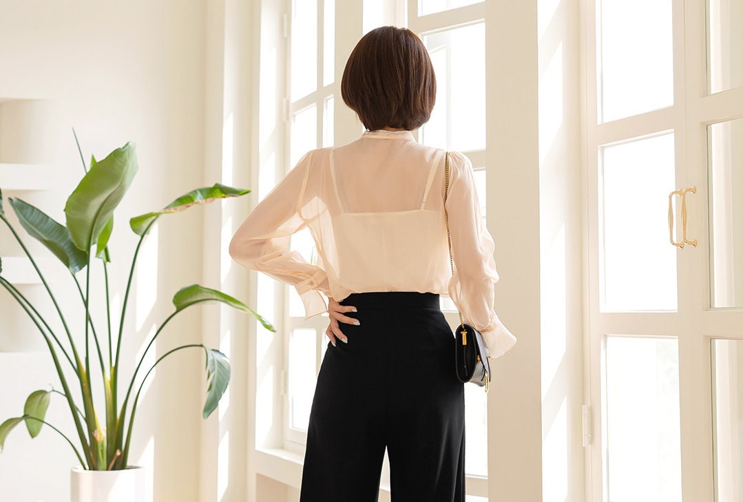 Elegant Long Sleeve Sheer Organza Blouse / Korean Style Feminine Bow Tie Blouse Top / Everyday Soft See Through Blouse