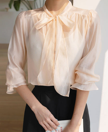 Elegant Long Sleeve Sheer Organza Blouse / Korean Style Feminine Bow Tie Blouse Top / Everyday Soft See Through Blouse