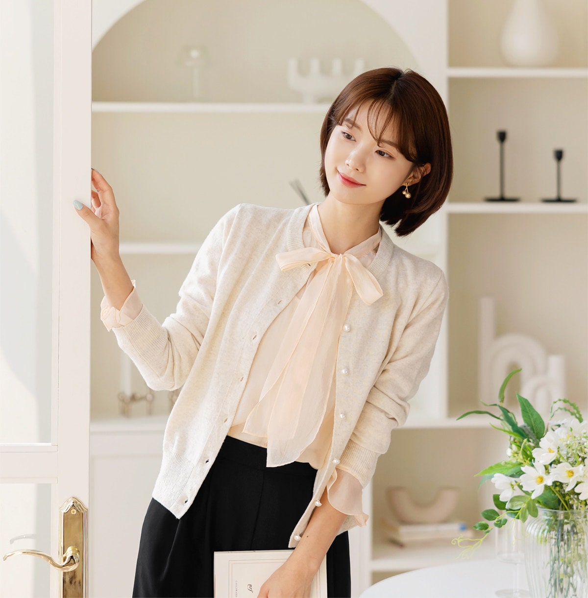 Elegant Long Sleeve Sheer Organza Blouse / Korean Style Feminine Bow Tie Blouse Top / Everyday Soft See Through Blouse