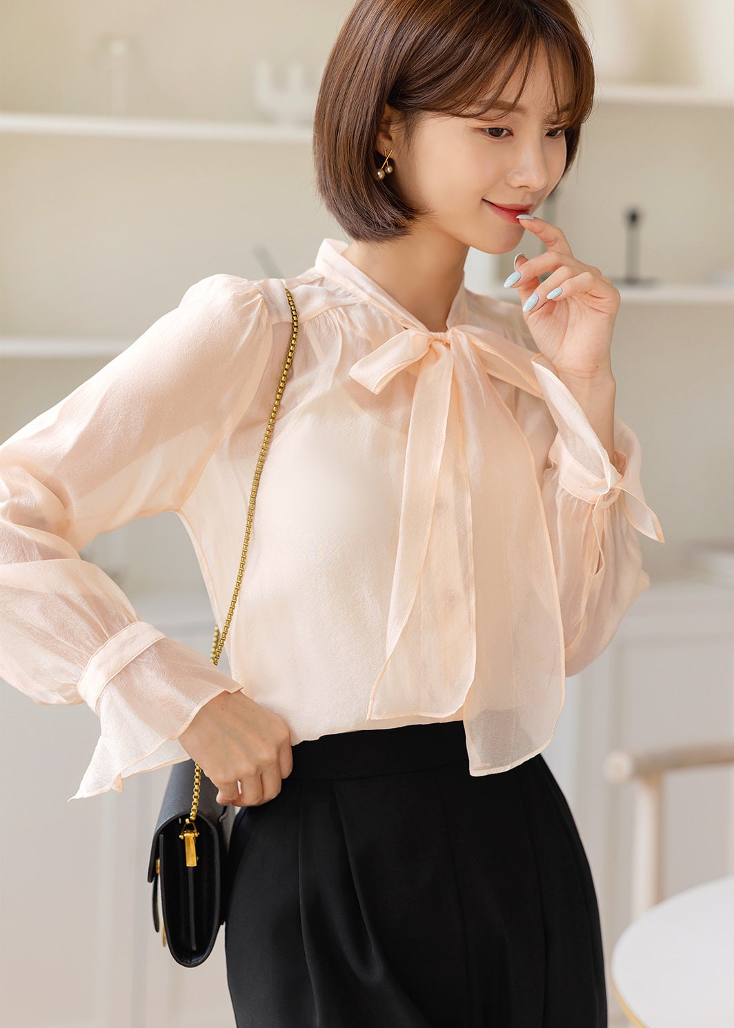 Elegant Long Sleeve Sheer Organza Blouse / Korean Style Feminine Bow Tie Blouse Top / Everyday Soft See Through Blouse