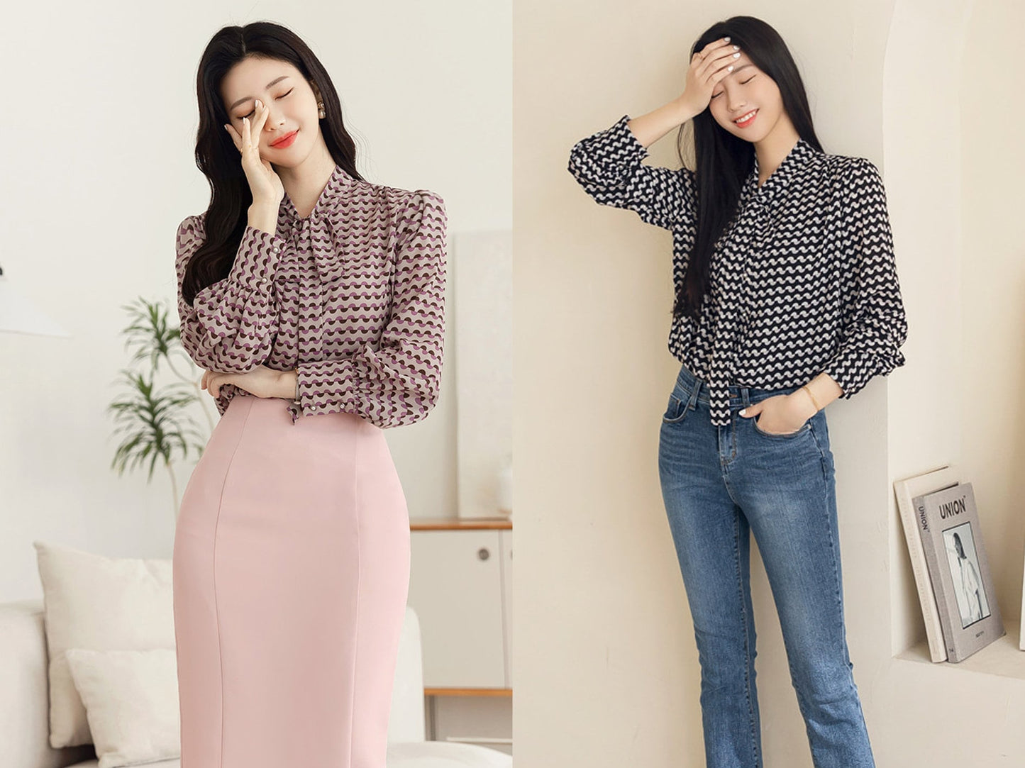 Modern Chic Pattern Tie Blouse / Korean Style Tie Neck Blouse Top / Office Look Top / Everyday Soft Blouse for Spring Fall