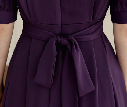 Flat Collar Pleated Midi Dress with Ribbon Strap / Korean Style Short Sleeve Midi Dress / Elegant Feminin Purple Dress for Spring Summer