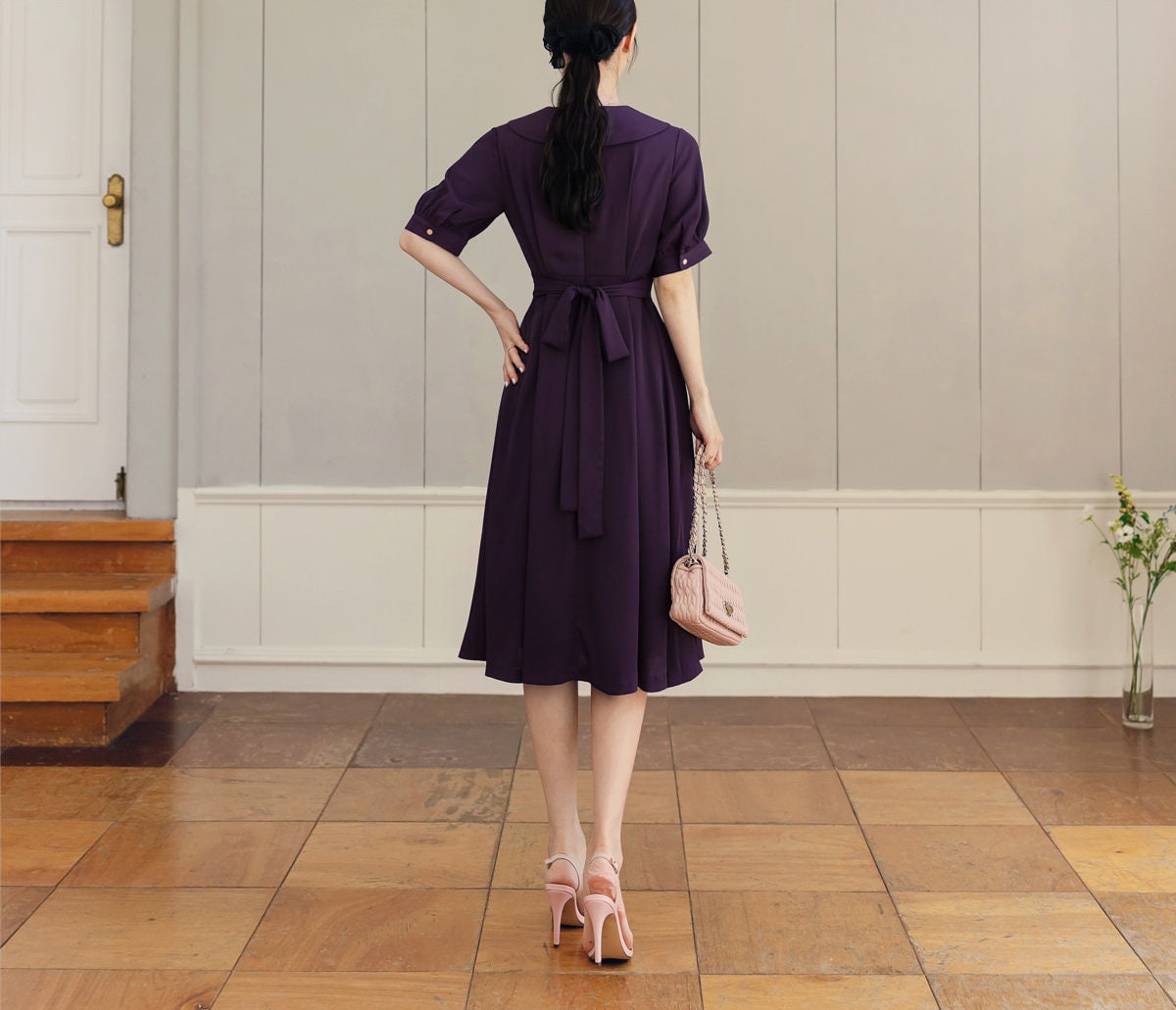 Flat Collar Pleated Midi Dress with Ribbon Strap / Korean Style Short Sleeve Midi Dress / Elegant Feminin Purple Dress for Spring Summer