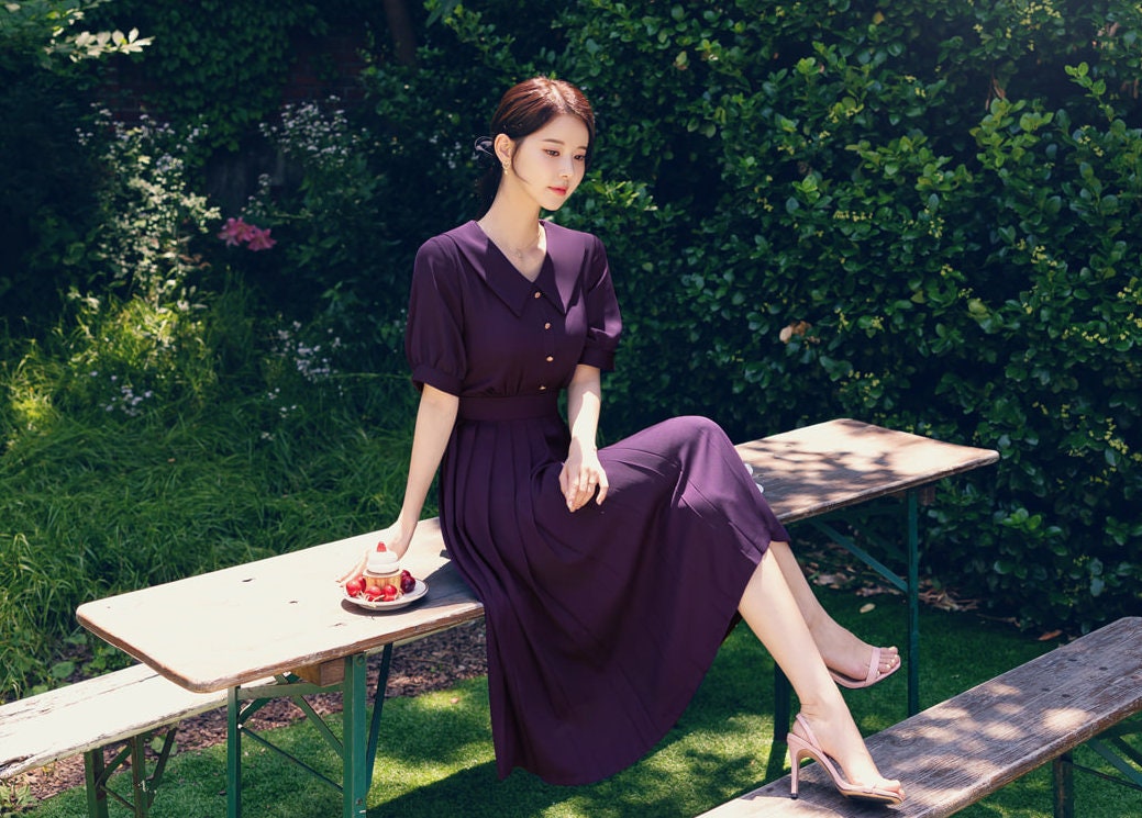 Flat Collar Pleated Midi Dress with Ribbon Strap / Korean Style Short Sleeve Midi Dress / Elegant Feminin Purple Dress for Spring Summer