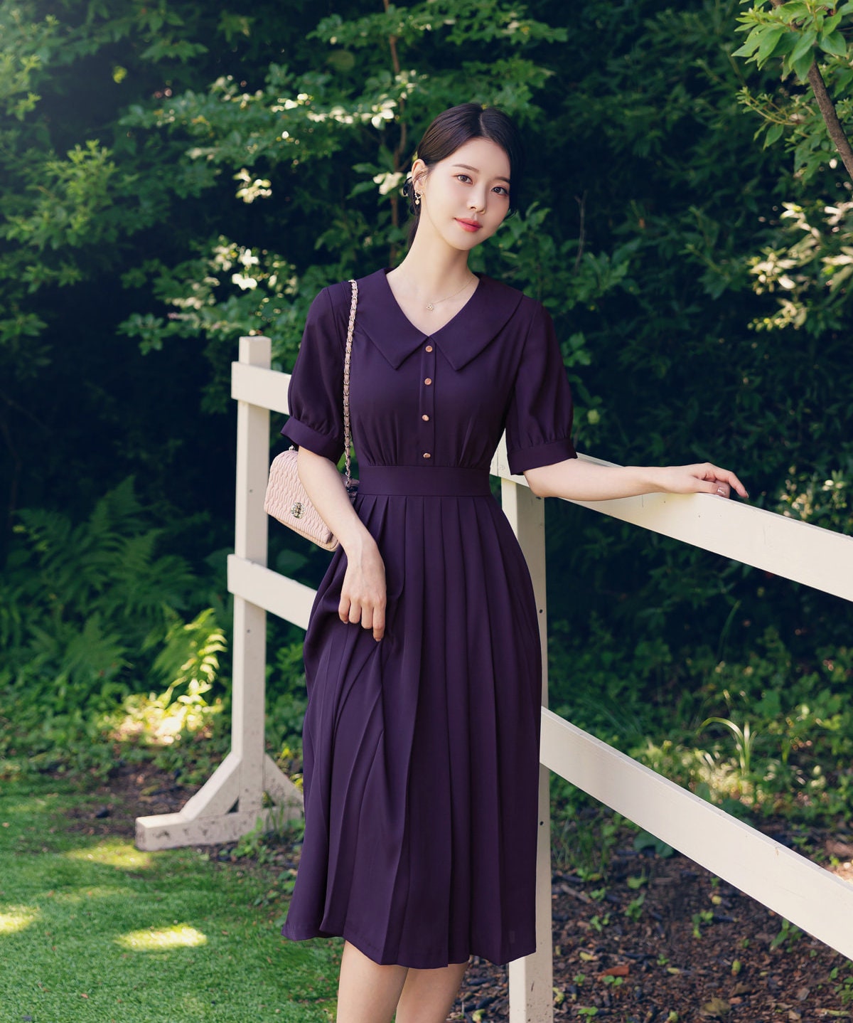 Flat Collar Pleated Midi Dress with Ribbon Strap / Korean Style Short Sleeve Midi Dress / Elegant Feminin Purple Dress for Spring Summer