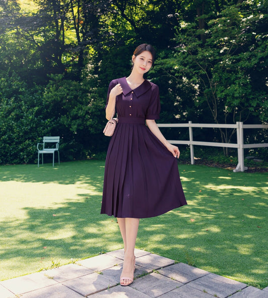 Flat Collar Pleated Midi Dress with Ribbon Strap / Korean Style Short Sleeve Midi Dress / Elegant Feminin Purple Dress for Spring Summer