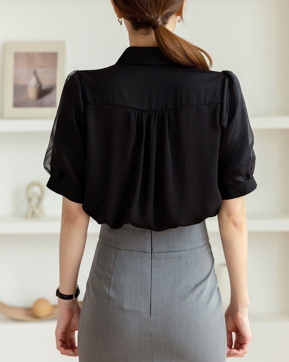 Lovely Feminine Short Sleeve Blouse / Korean Style Organza Puff Sleeve Blouse Top / Office Look Top / Everyday Soft Blouse for Summer