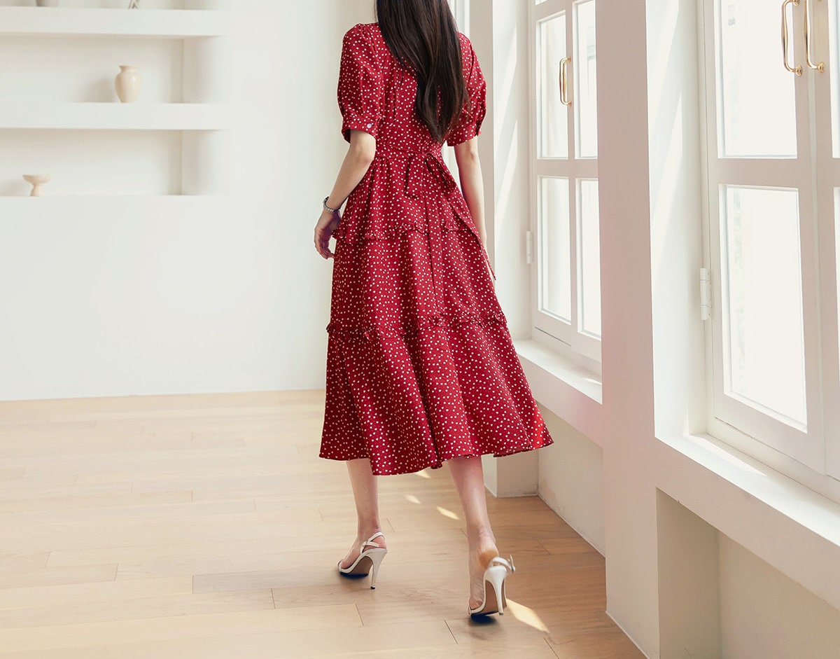 Summer V Neck Short Sleeve Midi Dress / Korean Style Women Flare Dress / Lovely Long Dress