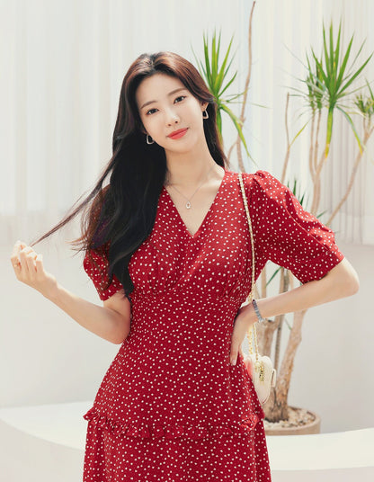 Summer V Neck Short Sleeve Midi Dress / Korean Style Women Flare Dress / Lovely Long Dress