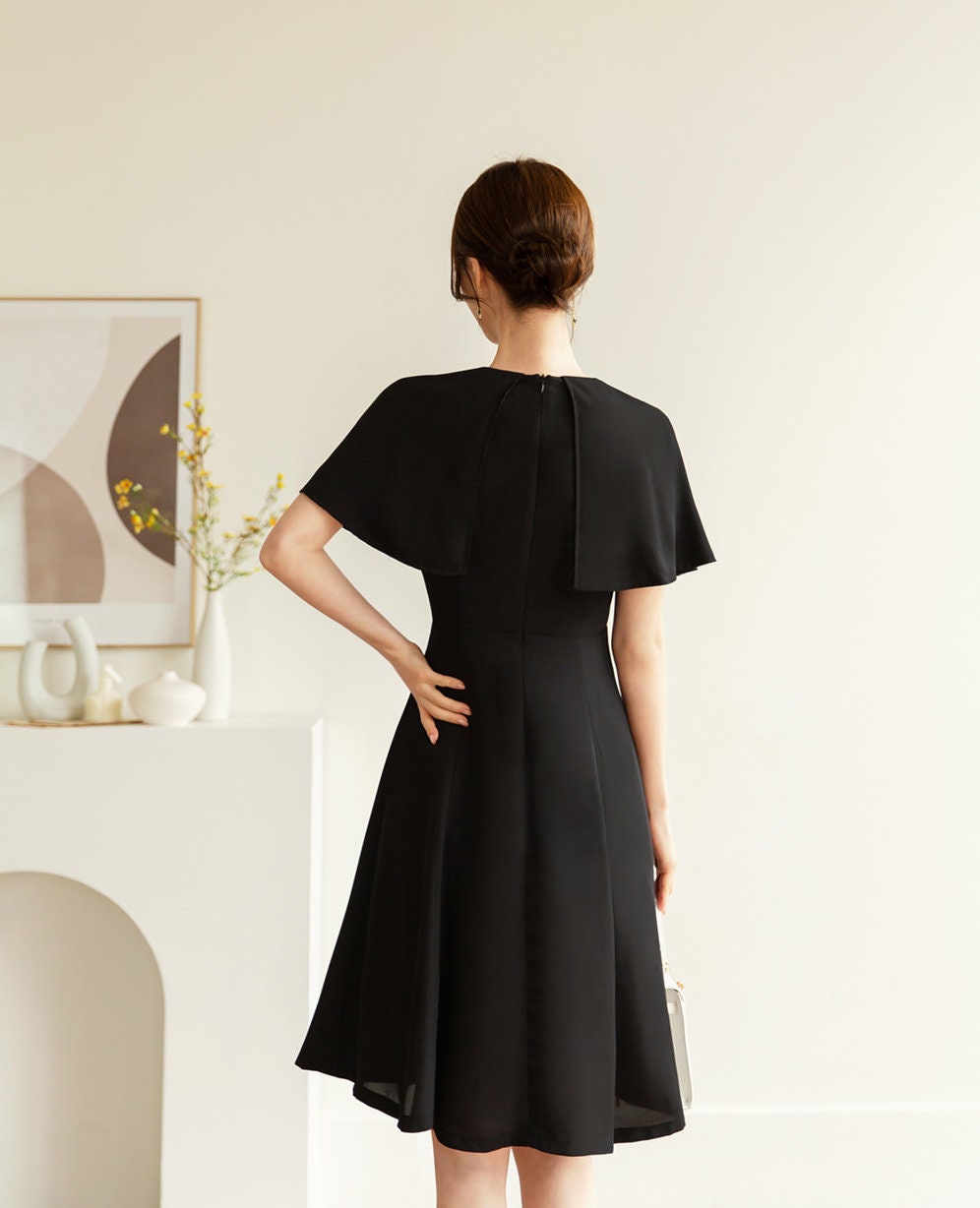 Summer Cape Flare Dress / Korean Style Black Mini Dress / Clasic Simple Sleeveless with Cape Dress for Women