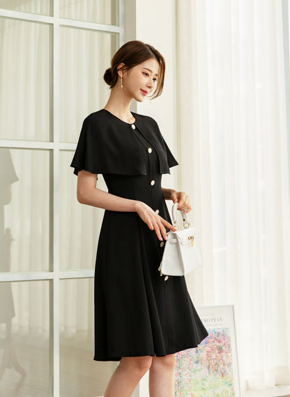 Summer Cape Flare Dress / Korean Style Black Mini Dress / Clasic Simple Sleeveless with Cape Dress for Women