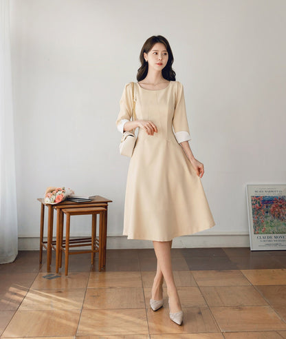 Classic Simple Flare Midi Dress / Korean Style Women Midi Dress / Elegant Feminin Dress for Spring Fall