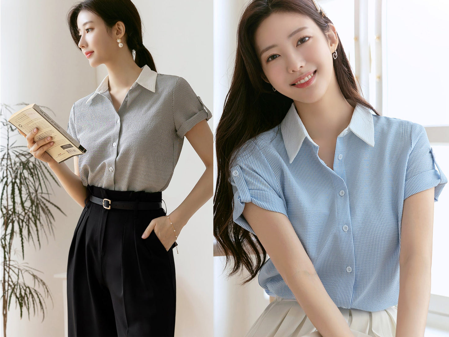 Basic Striped Short Sleeve Shirt Blouse / Korean Style Luxury Feminine Clothes / Stylish Office Look Top / Everyday Soft Summer Blouse