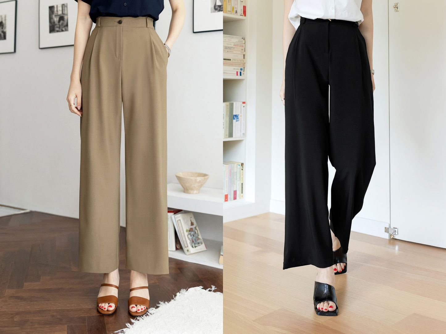 Comfortable Elegant Wide Pants for Women / Korean Style Women Elastic Waistband Pintuck Wide Slacks / Comfortable Casual Office School Pants