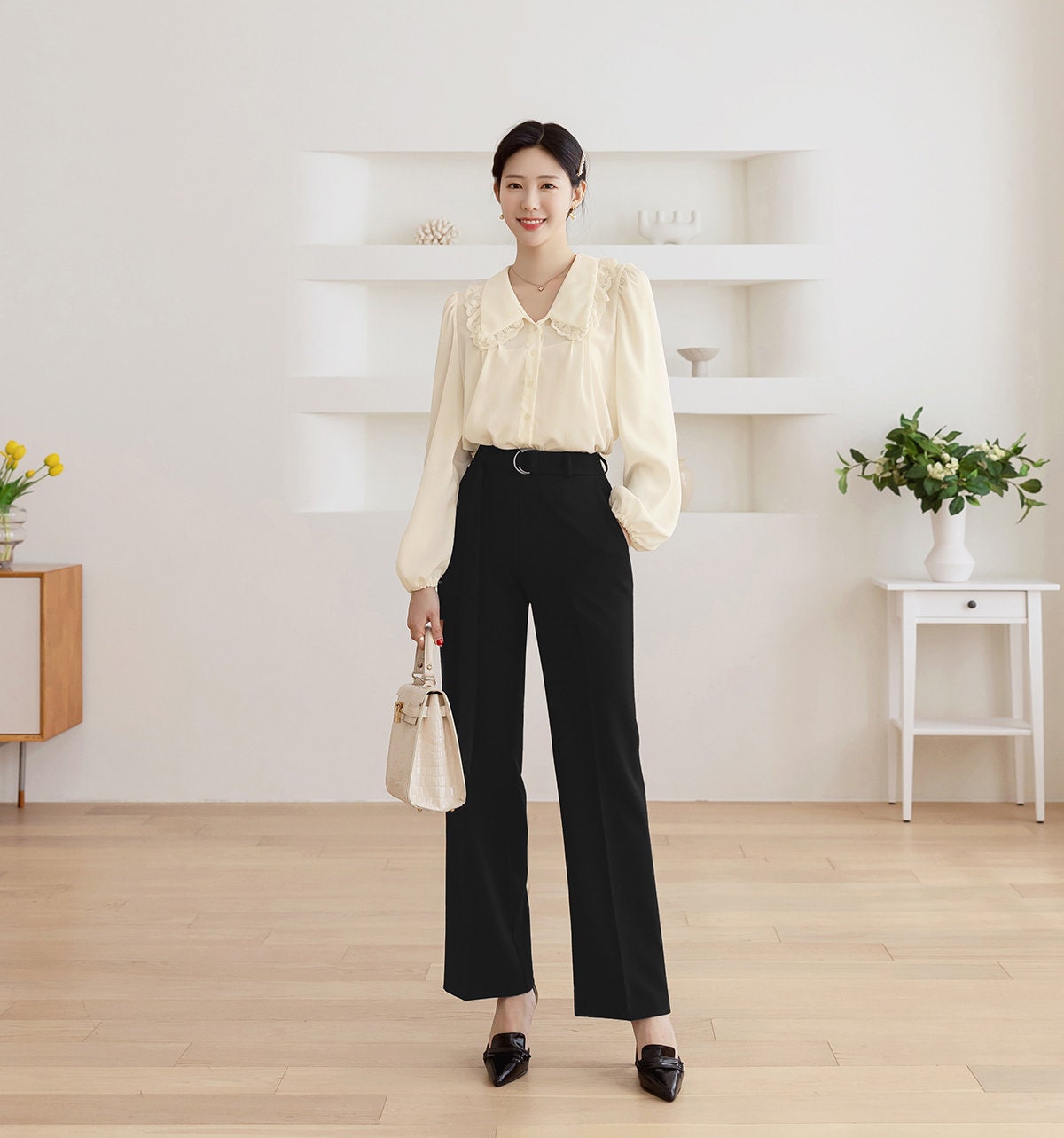 Comfortable Elegant Wide Pants with Belt / Korean Style Women Wide Slacks / Comfortable Casual Office School Pants for Spring Fall