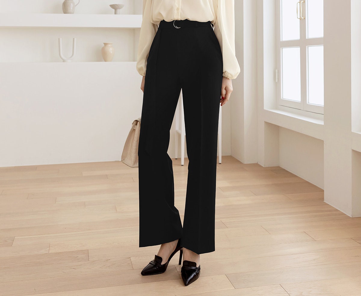 Comfortable Elegant Wide Pants with Belt / Korean Style Women Wide Slacks / Comfortable Casual Office School Pants for Spring Fall