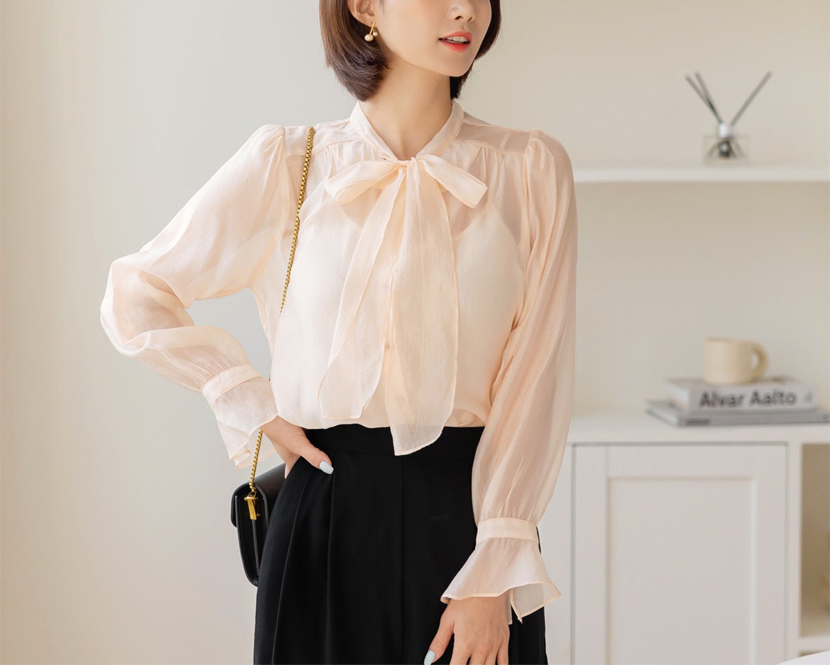 Elegant Long Sleeve Sheer Organza Blouse / Korean Style Feminine Bow Tie Blouse Top / Everyday Soft See Through Blouse