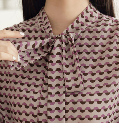 Modern Chic Pattern Tie Blouse / Korean Style Tie Neck Blouse Top / Office Look Top / Everyday Soft Blouse for Spring Fall