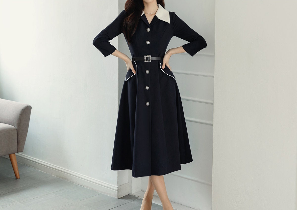 Navy Big Collar Flare Dress with Jewel Belt / Korean Style Women Dress / Elegant Feminin Wide Collar Dress