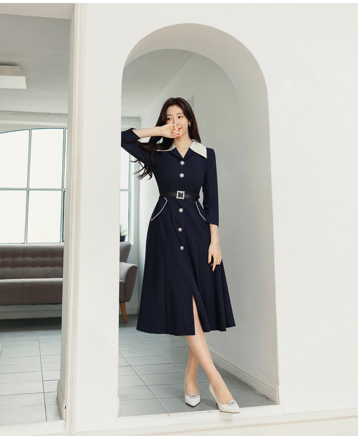 Navy Big Collar Flare Dress with Jewel Belt / Korean Style Women Dress / Elegant Feminin Wide Collar Dress