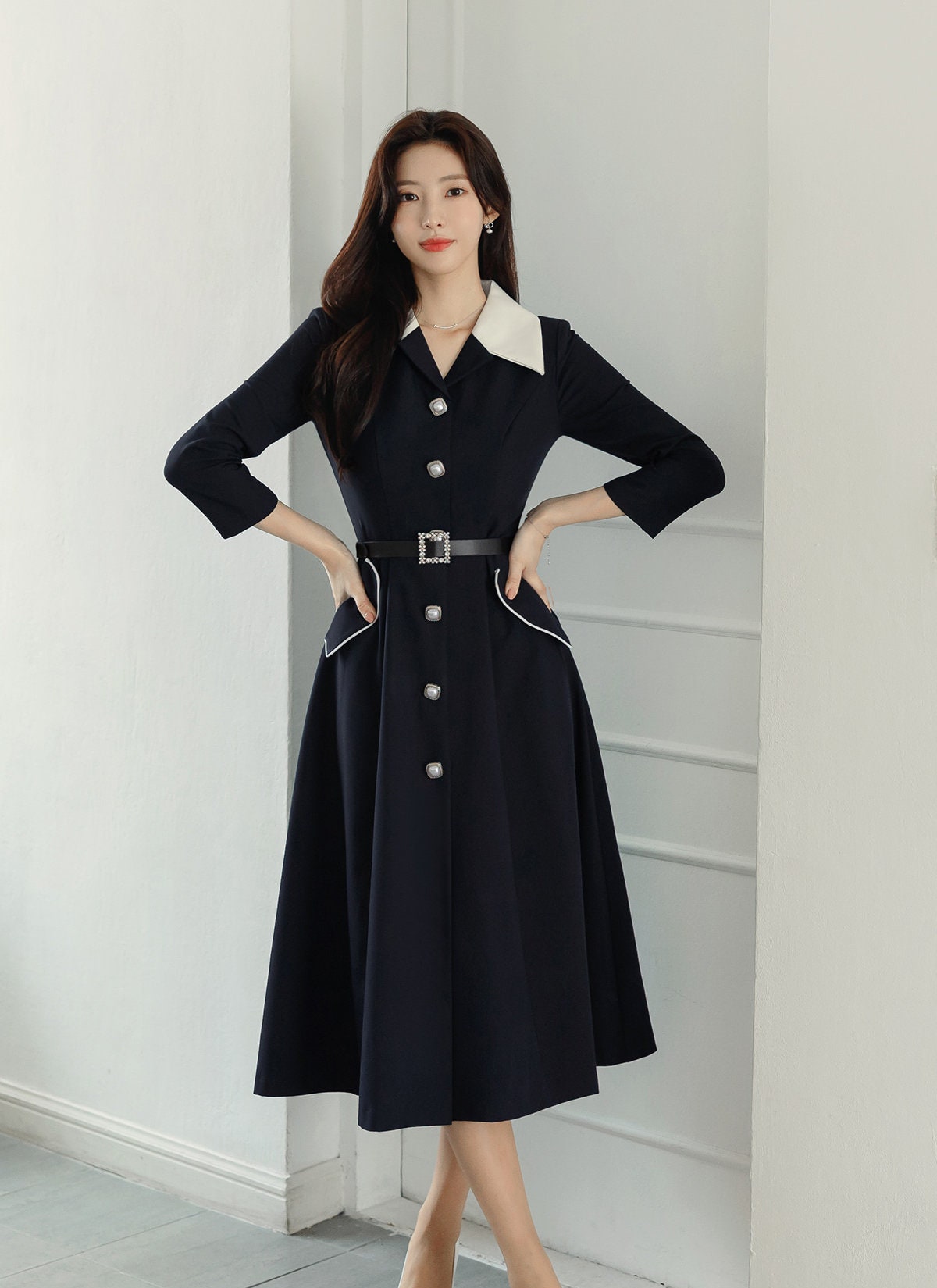 Navy Big Collar Flare Dress with Jewel Belt / Korean Style Women Dress / Elegant Feminin Wide Collar Dress