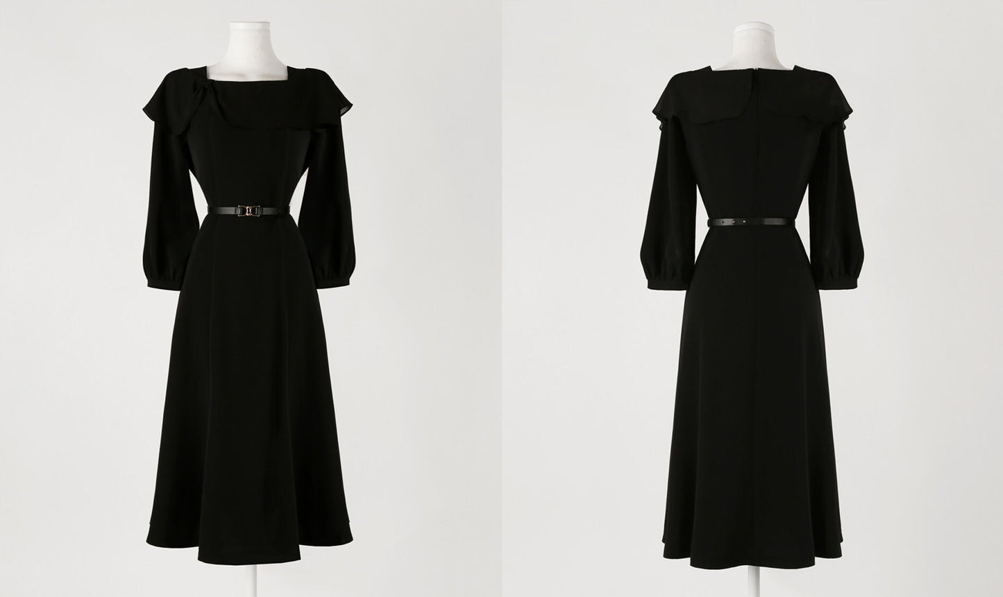 Elegant Feminin Ruffled Collar Dress with Belt / Korean Style Women Long Dress / Black Semi Flare Midi Dress