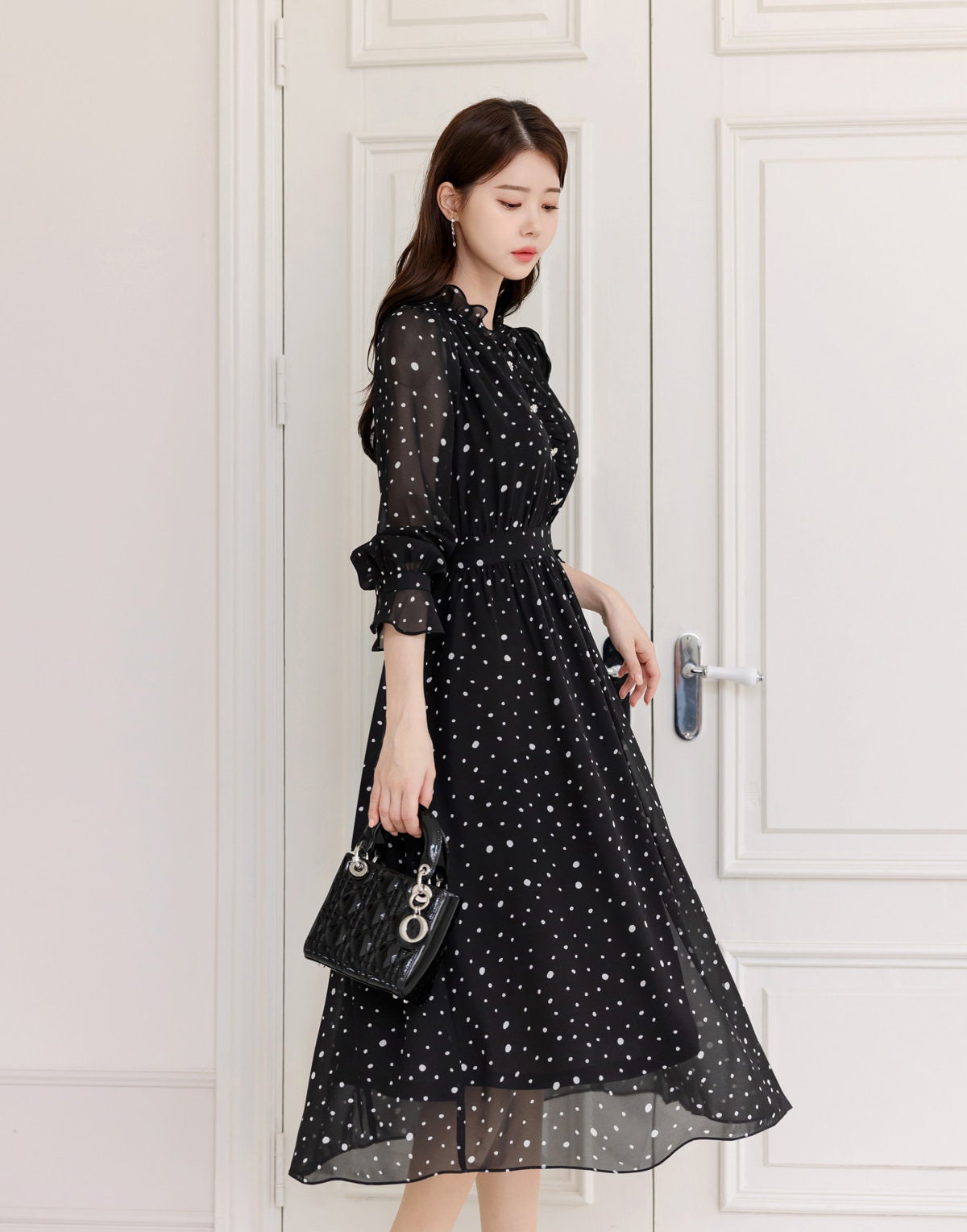 Lovely Dot Pattern Chiffon Long Dress / Long Sleeve Flare Midi Dress / Korean Style Feminin Midi Dress