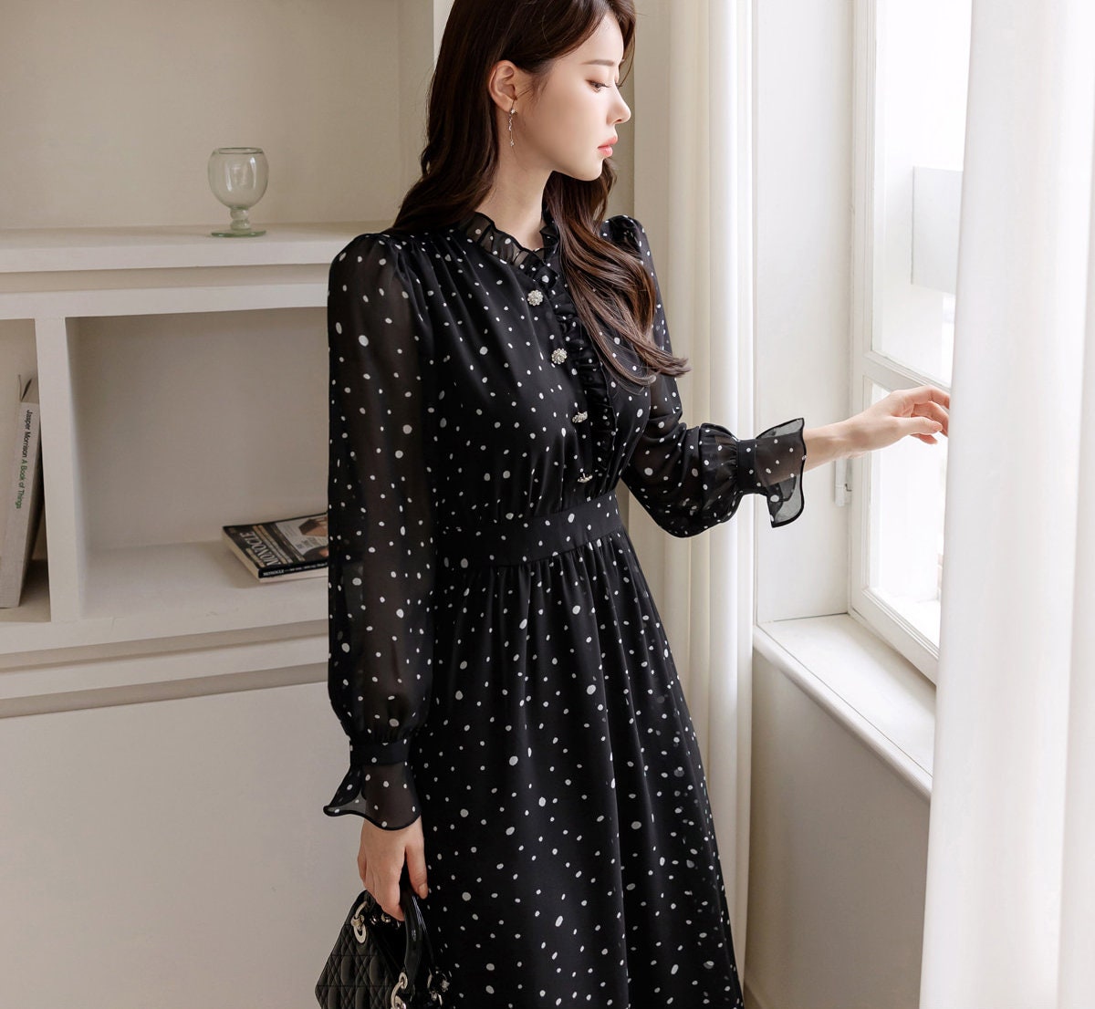 Lovely Dot Pattern Chiffon Long Dress / Long Sleeve Flare Midi Dress / Korean Style Feminin Midi Dress