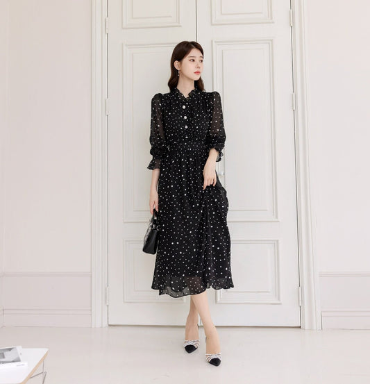 Lovely Dot Pattern Chiffon Long Dress / Long Sleeve Flare Midi Dress / Korean Style Feminin Midi Dress