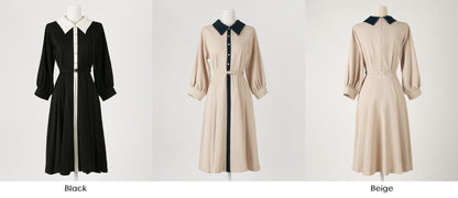 Classic Elegant Collared Pleats Dress with Belt / Korean Style Women Dress / Elegant Feminin Puff Sleeve Midi Dress