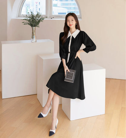 Classic Elegant Collared Pleats Dress with Belt / Korean Style Women Dress / Elegant Feminin Puff Sleeve Midi Dress