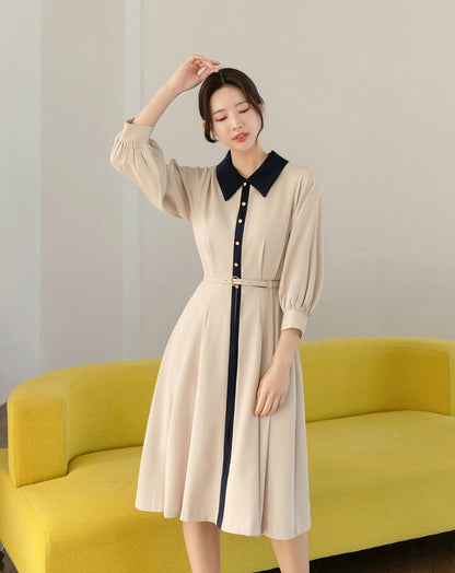 Classic Elegant Collared Pleats Dress with Belt / Korean Style Women Dress / Elegant Feminin Puff Sleeve Midi Dress