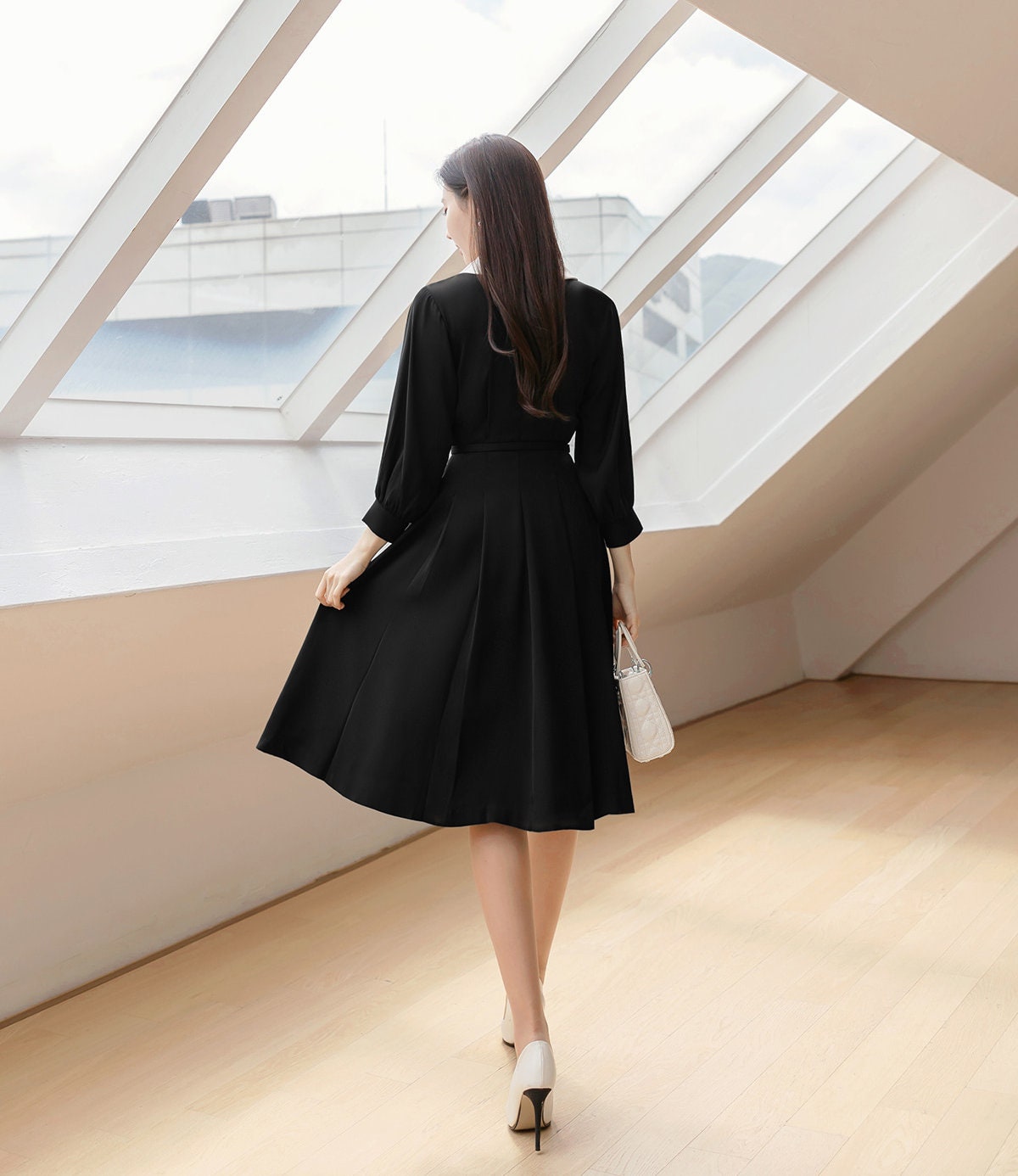 Classic Elegant Collared Pleats Dress with Belt / Korean Style Women Dress / Elegant Feminin Puff Sleeve Midi Dress